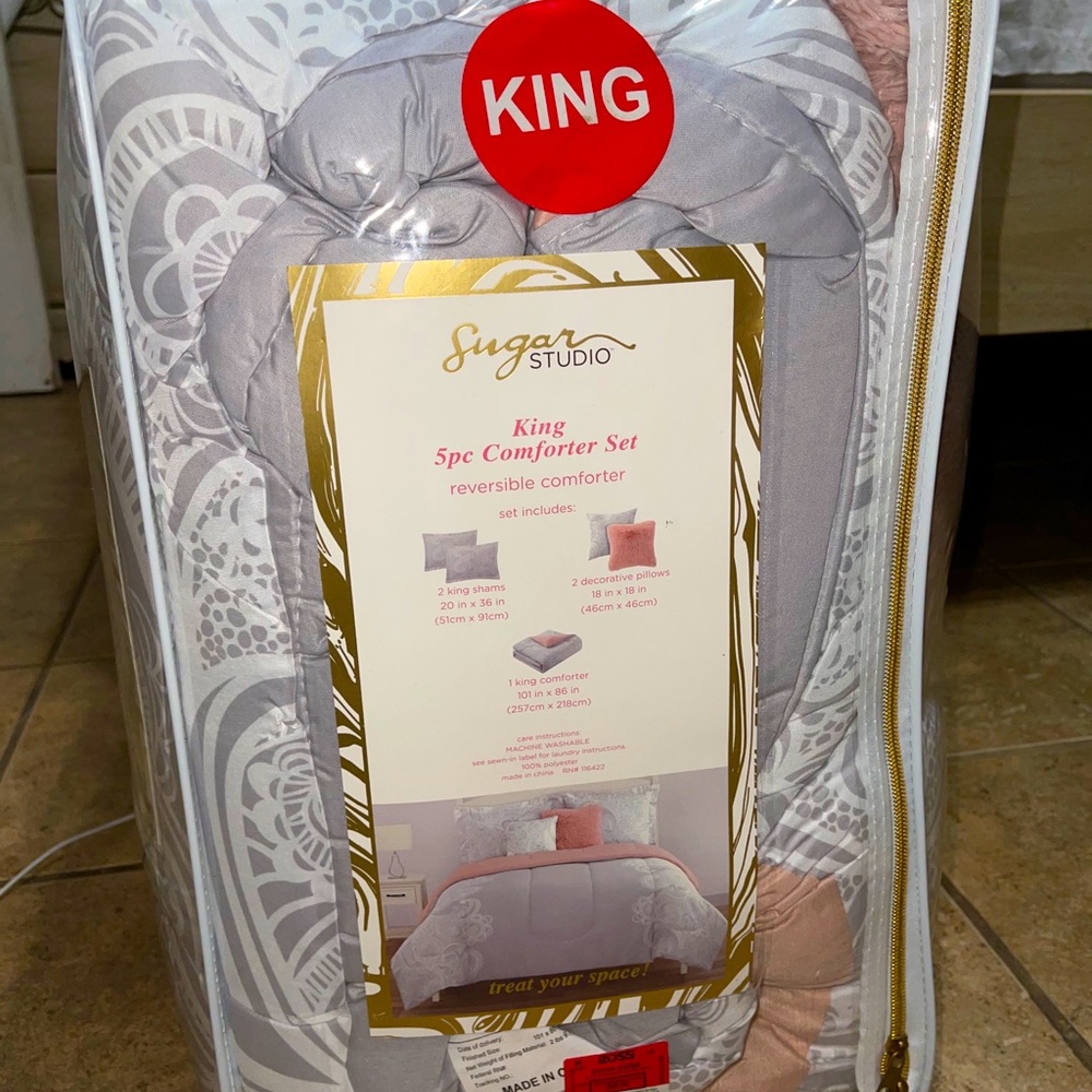 King 5pc Reversible Comforter Set Blush pink/Grey